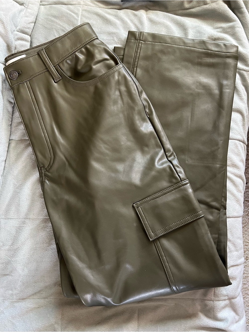 Olive Faux Leather Cargo Pants